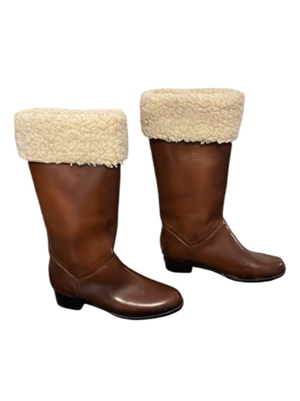 Moulded Construction Knee High Jelly Galoshes Faux Shearing Brown Vintage Boots